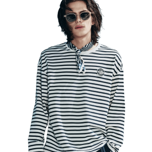 1012793-571 | MEN'S STRIPE LOOSE FIT COTTON LONG SLEEVES T-SHIRT | BU/BK/WT