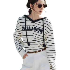 1912852-112 | WOMEN'S DROPPED SHOULDERS STRIPED HOODED KNITWEAR | WHITE/NAVY