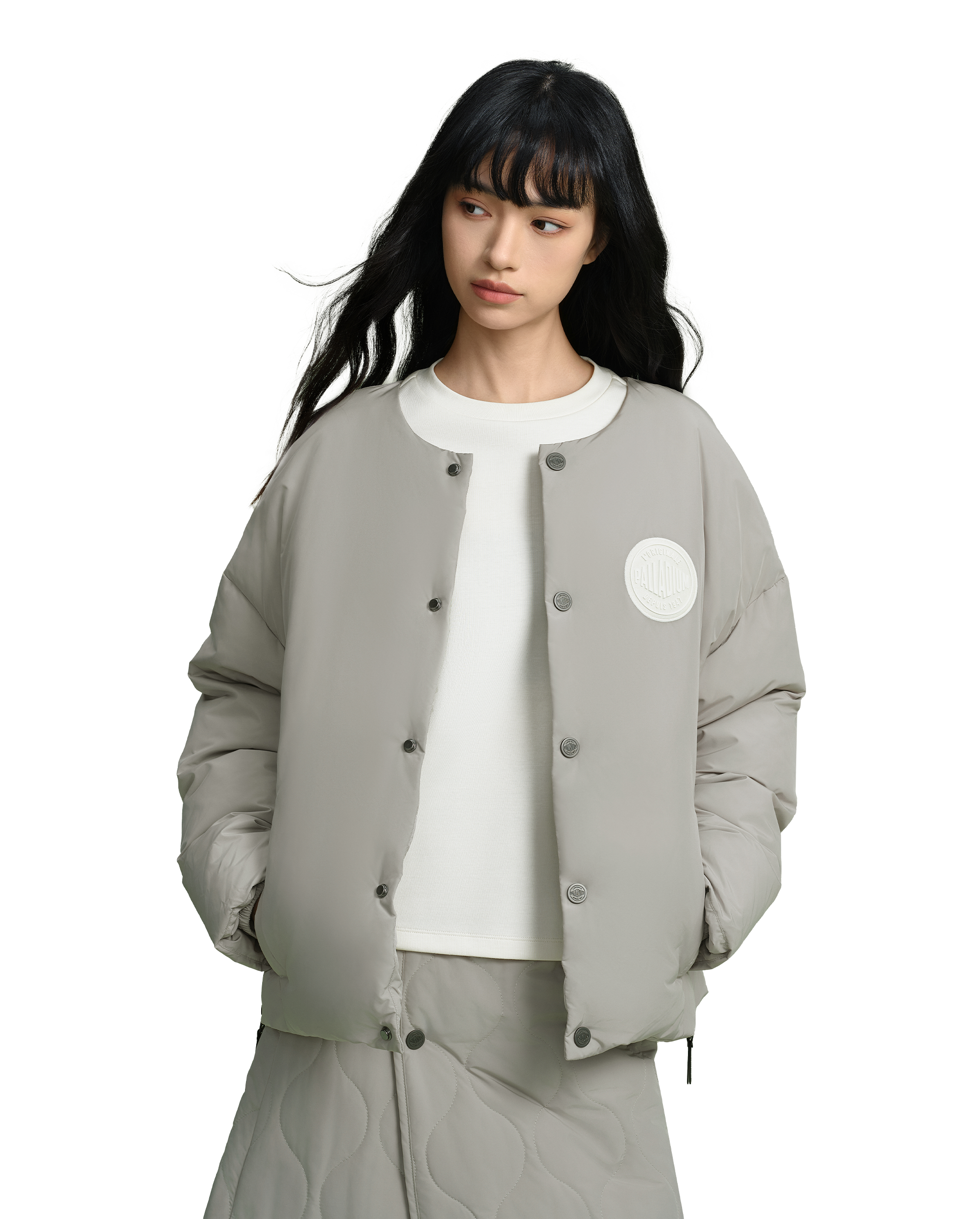 198969-031 | WOMEN'S PALLADIUM LOGO DOWN JACKET | FLINT GRAY